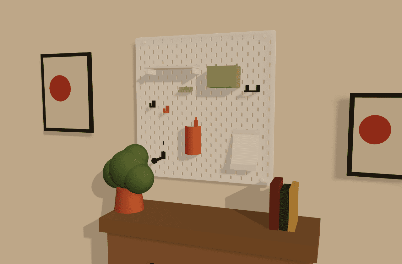 A SKÅDIS pegboard filled with 3D-printed accessories